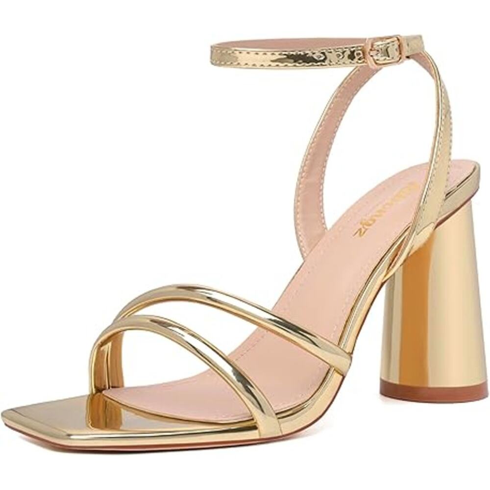 Ribongz Womens Size 8 Shiny Gold Open Toe Ankle Strap 4" Block Heel Sandal Shoes